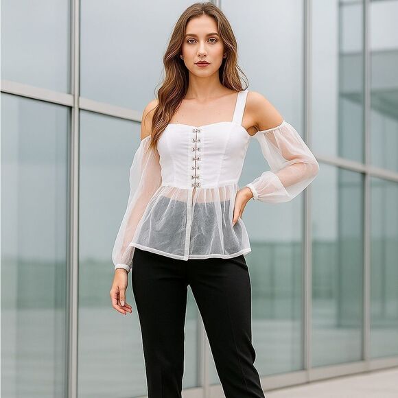 Showpo. Tops - Showpo White Sheer Sleeve Corset-Style Top 4